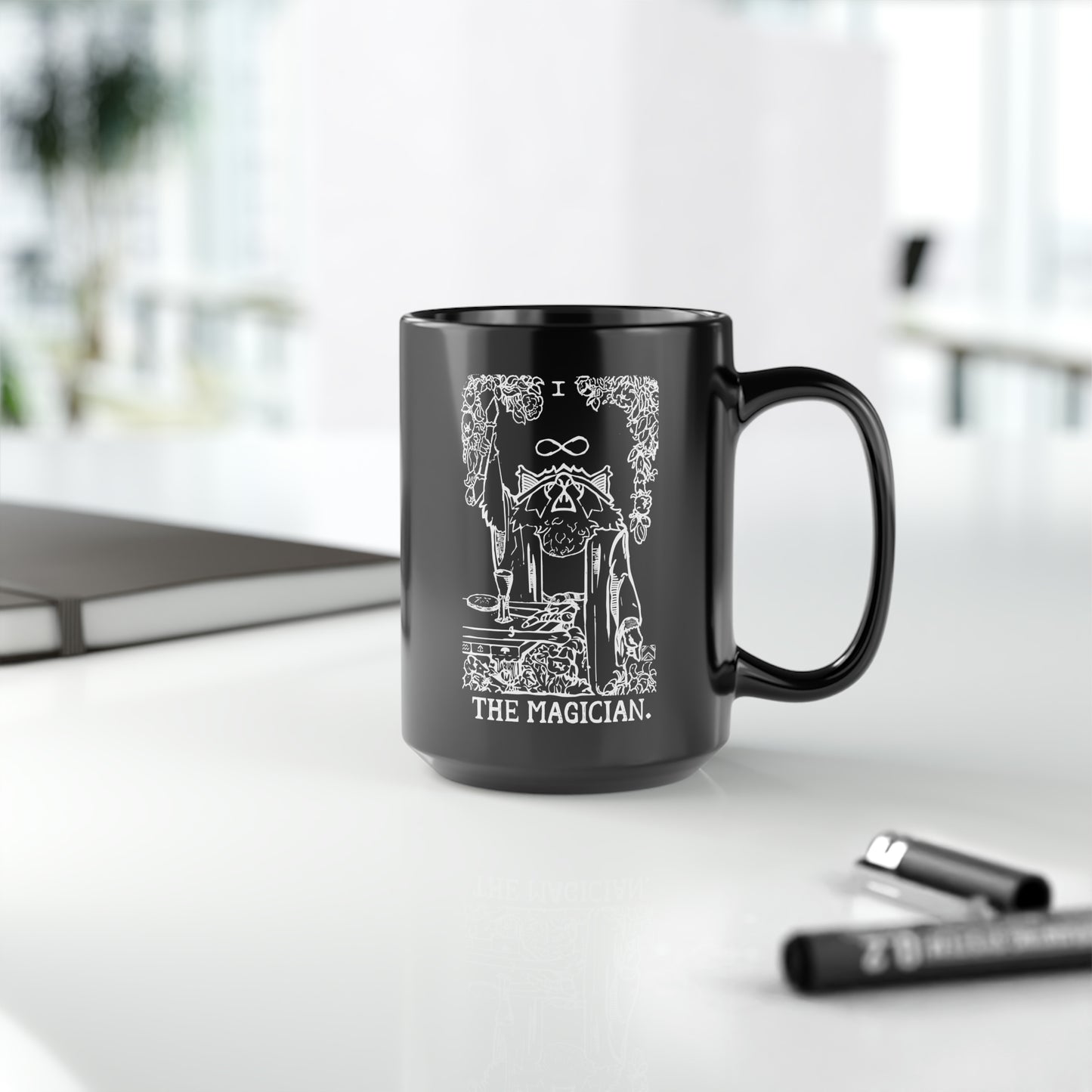 Raccoon Tarot THE MAGICIAN lineart - Black Mug, 15oz