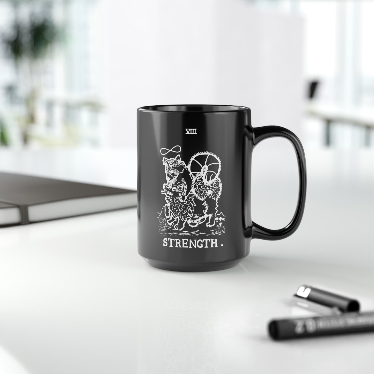 Raccoon Tarot STRENGTH lineart - Black Mug, 15oz