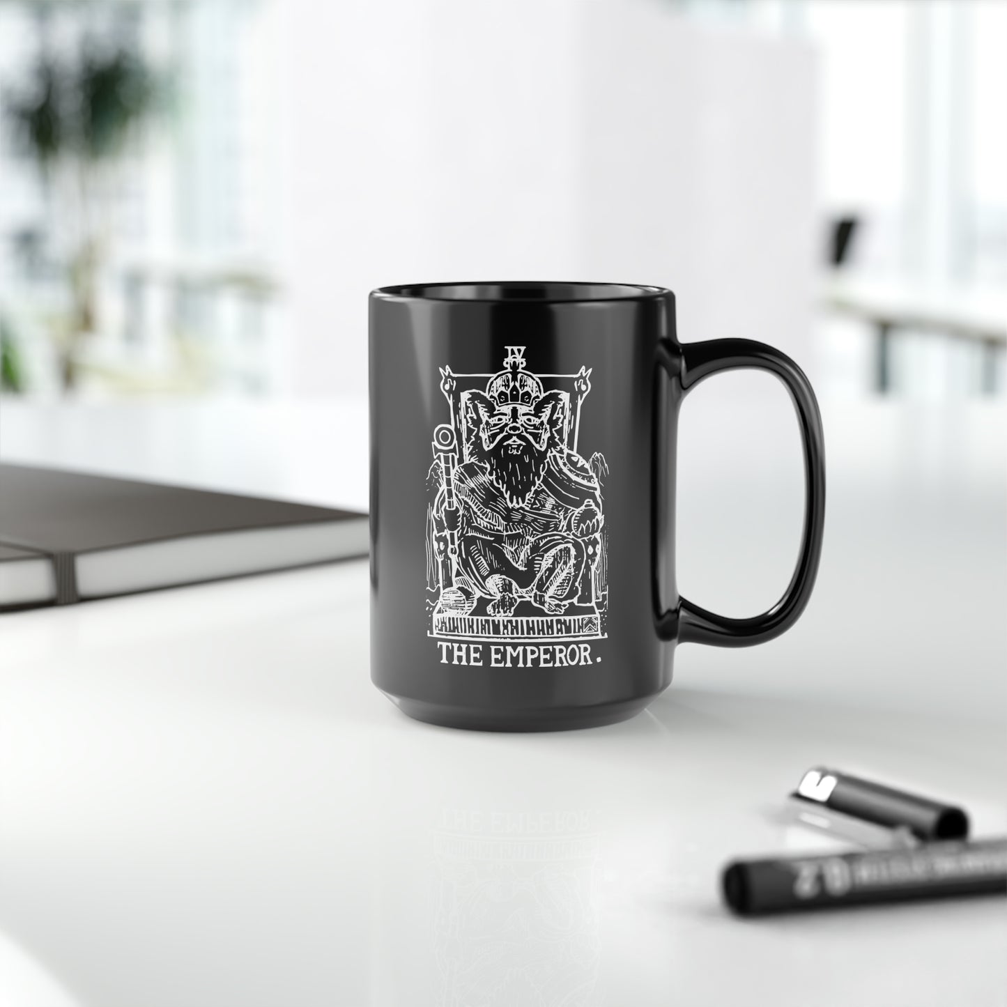 Raccoon Tarot THE EMPEROR lineart - Black Mug, 15oz