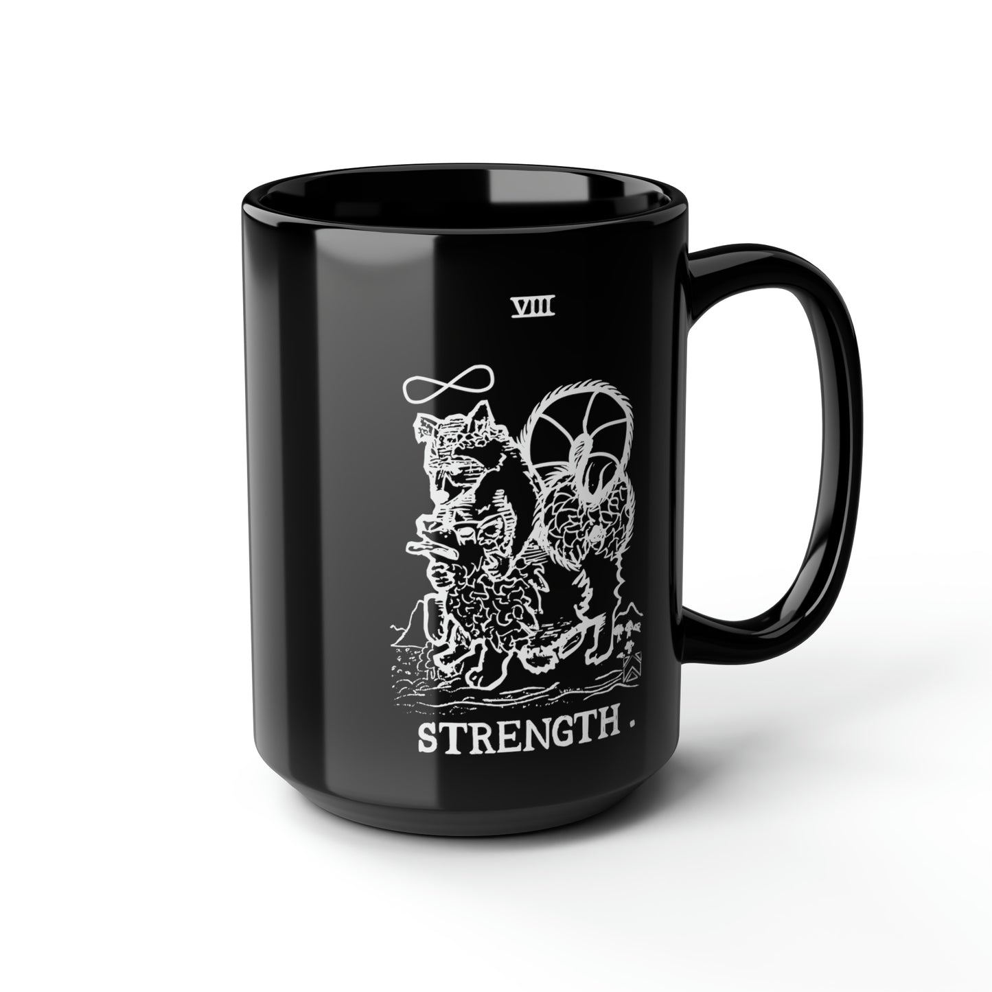 Raccoon Tarot STRENGTH lineart - Black Mug, 15oz