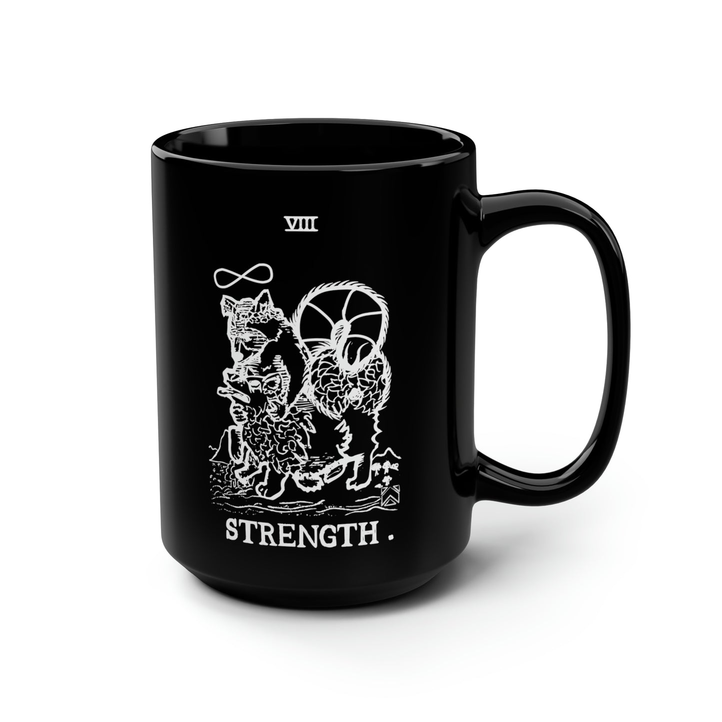 Raccoon Tarot STRENGTH lineart - Black Mug, 15oz
