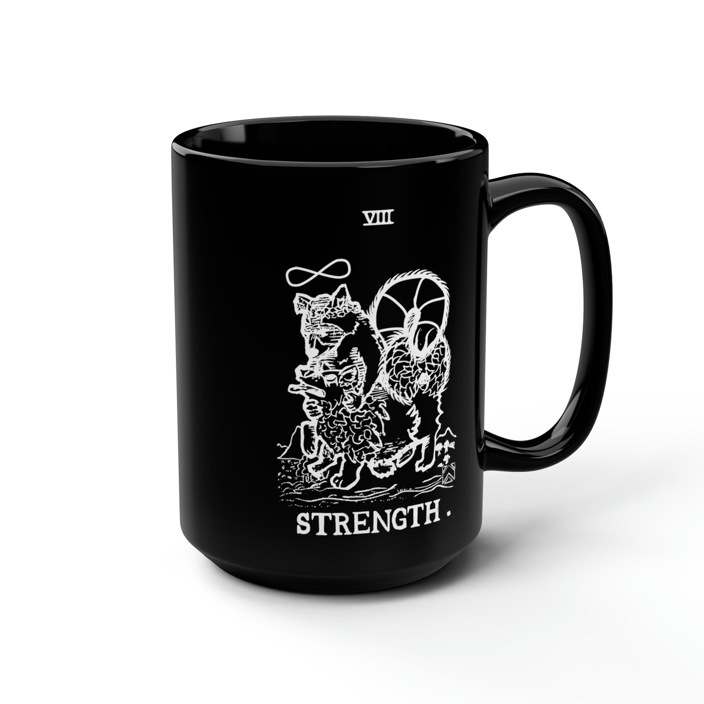Raccoon Tarot STRENGTH lineart - Black Mug, 15oz