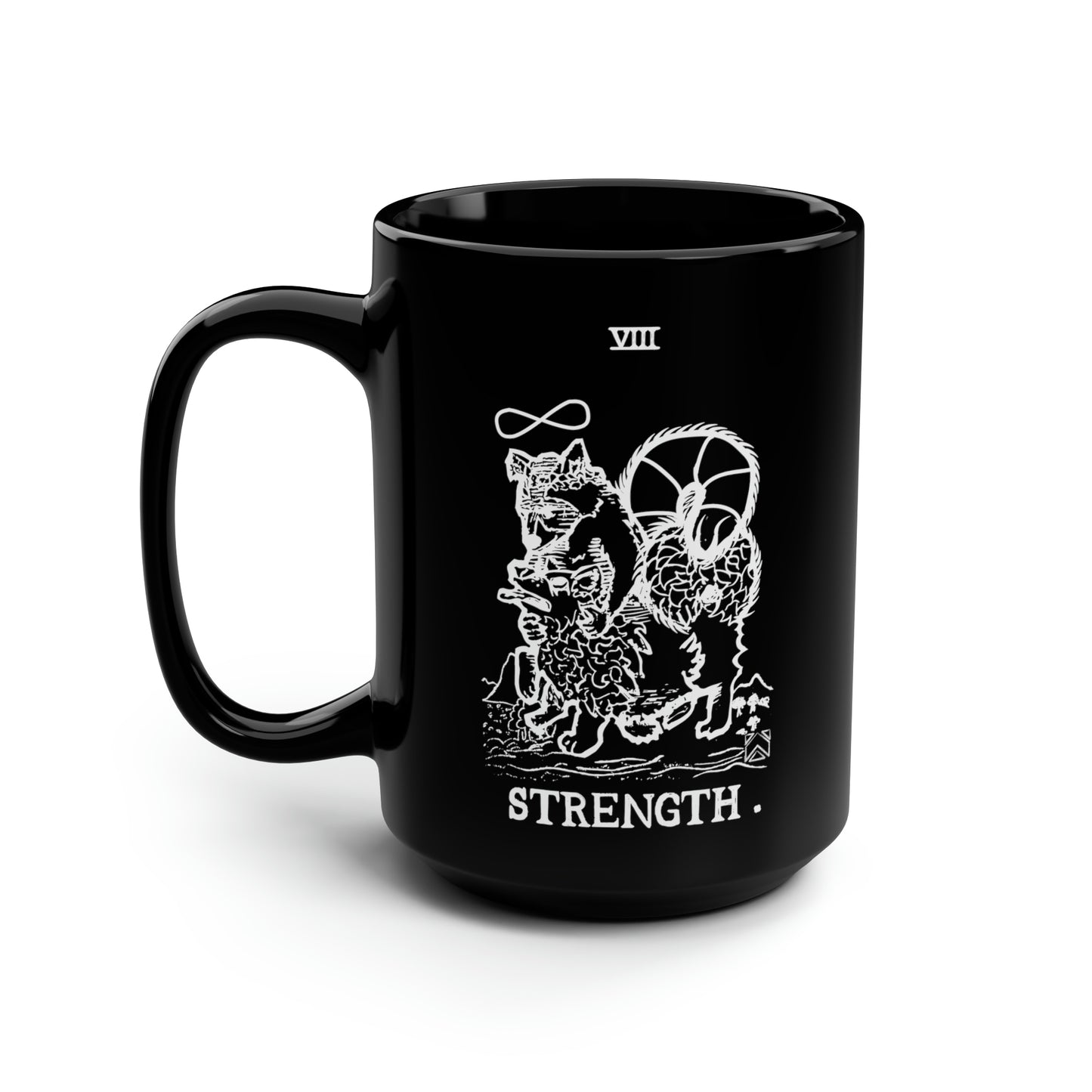 Raccoon Tarot STRENGTH lineart - Black Mug, 15oz