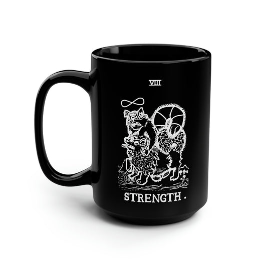 Raccoon Tarot STRENGTH lineart - Black Mug, 15oz
