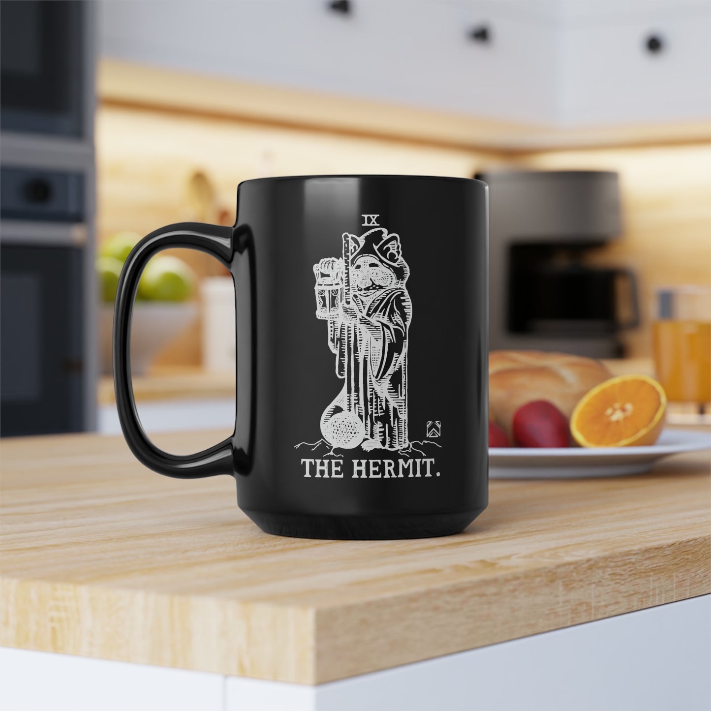 Raccoon Tarot THE HERMIT lineart - Black Mug, 15oz