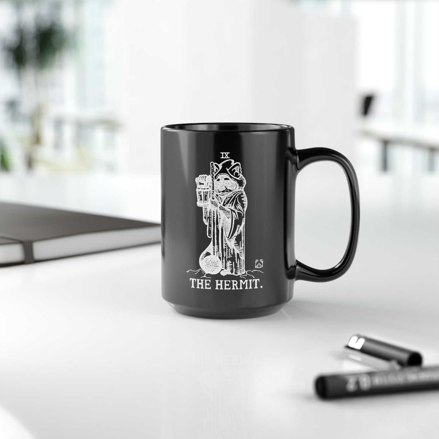 Raccoon Tarot THE HERMIT lineart - Black Mug, 15oz