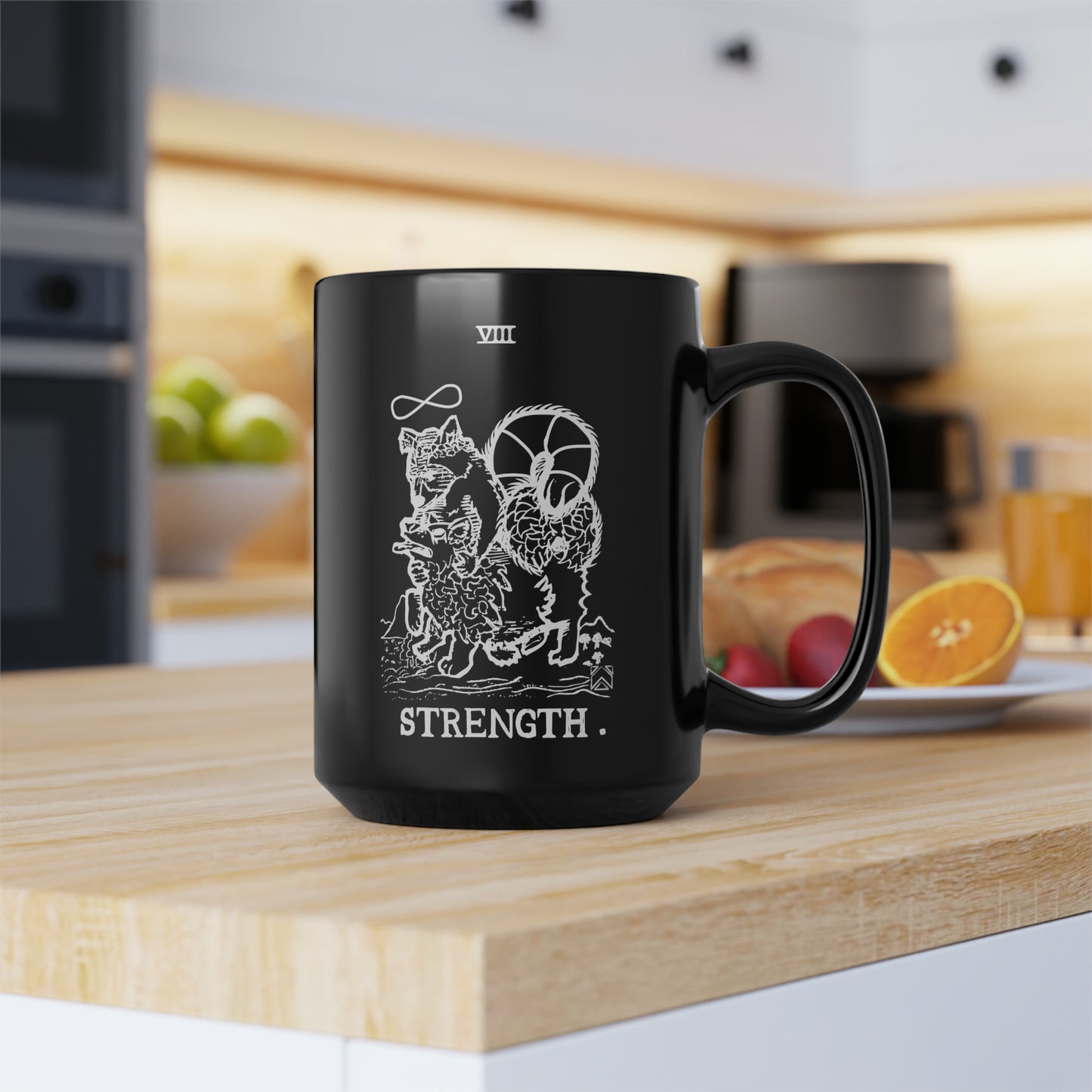 Raccoon Tarot STRENGTH lineart - Black Mug, 15oz